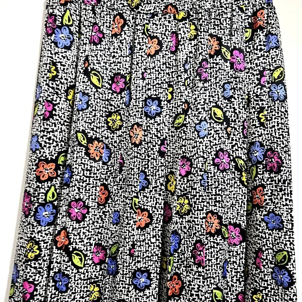 Vintage Pleated Skirt Abstract Floral Black White Print Knee Length sz 14 Large
